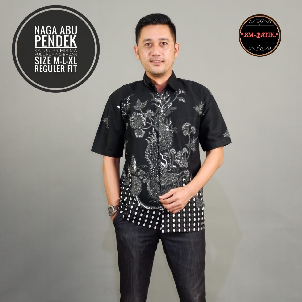 cover-NAGA ABU Kemeja Batik Pria Solo Lengan Pendek Lapis Furing BY SM-1