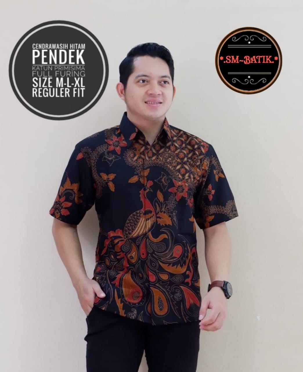cover-CENDRAWASIH HITAM Kemeja Batik Pria Solo Lengan Pendek Lapis Furing BY SM-1