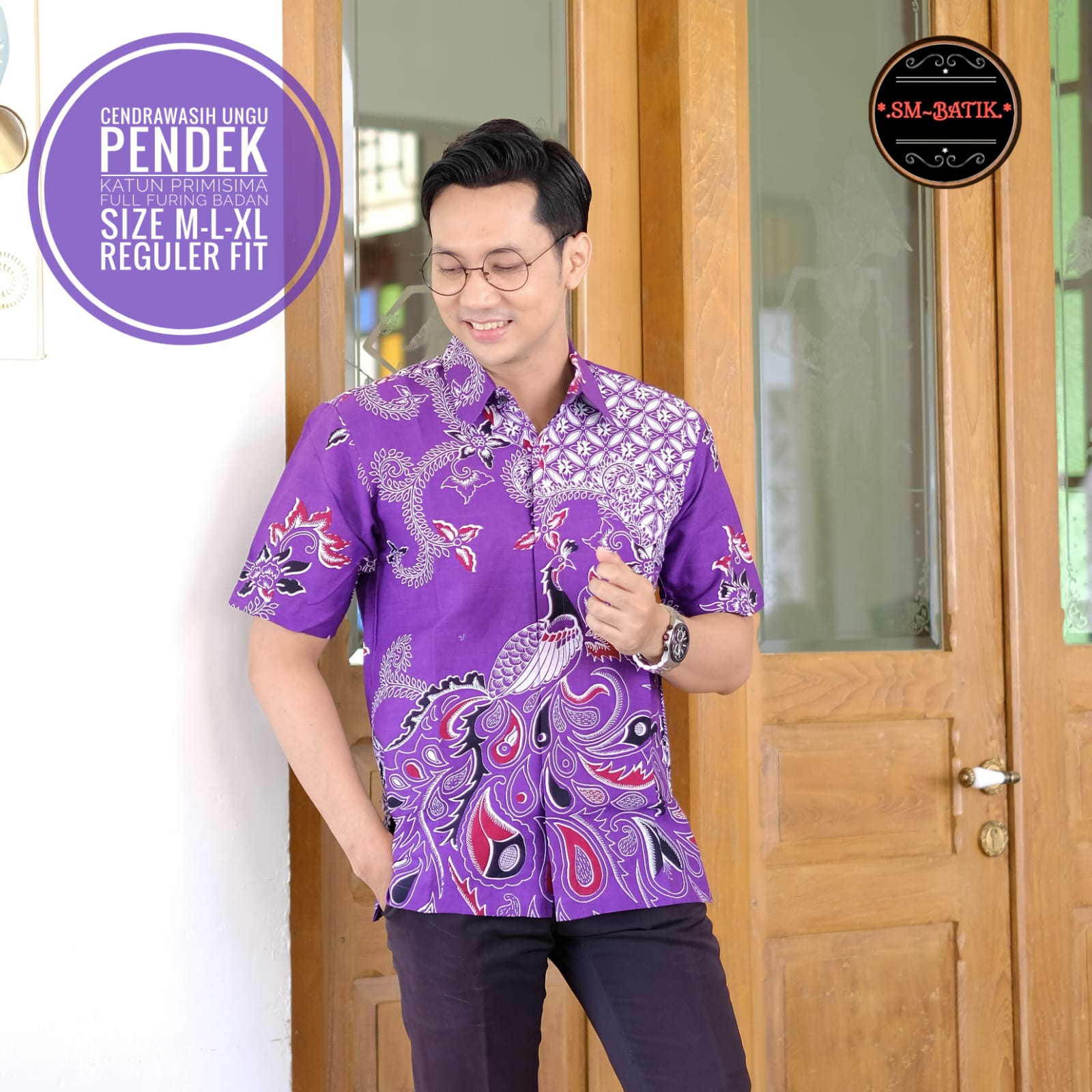 cover-CENDRAWASIH UNGU 2 Kemeja Batik Pria Solo Lengan Pendek Lapis Furing BY SM-1