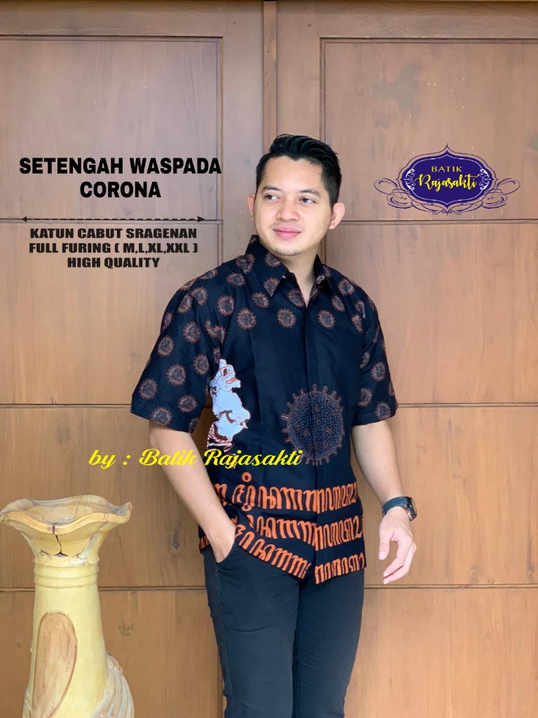cover-SETENGAH WASPADA CORONA Kemeja Batik Pria Solo Lengan PENDEK Lapis Furing BY RAJASAKTI-1